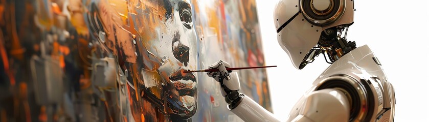 A robot painting a human face on a canvas, highlighting creativity in artificial intelligence