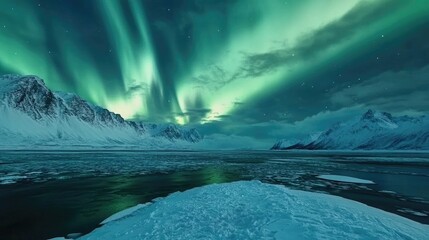 A breathtaking time-lapse of the aurora borealis dancing and shifting across the night sky above a frozen fjord in northern Norway, capturing the dynamic beauty of the celestial light.