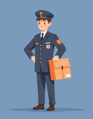 a cartoon illustration of a man in a uniform holding a box.