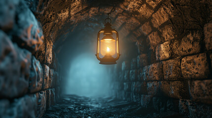 A vintage lantern hanging above the entrance to a dark stone tunnel, detailed stone textures.
