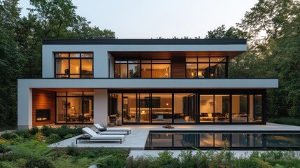 Fototapeta premium Modern house with large windows and a pool in a wooded setting.
