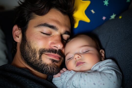 Dad comforting baby to sleep is captured in a realistic photo of a father rocking his baby to sleep in a cozy nursery, creating a moment of peace and comfort