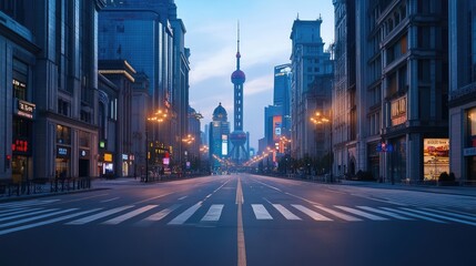 Fototapeta premium An empty street in Shanghai's financial district at dusk, with towering skyscrapers and no pedestrians or vehicles.
