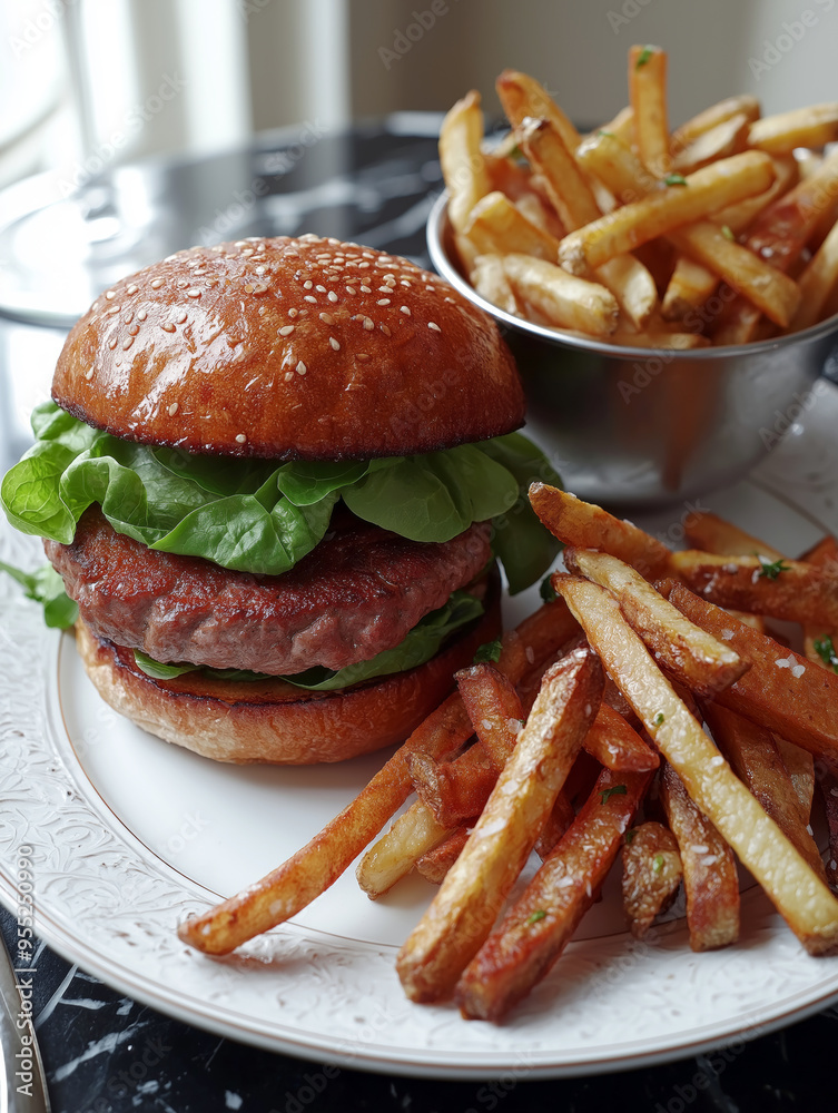 Wall mural A juicy hamburger topped with fresh lettuce is served alongside a plate of crispy, golden-brown fries. A bowl of extra fries is placed in the background on a table.AI generated.