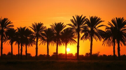 A date palm grove at sunset, with the trees silhouetted against a vibrant orange sky.