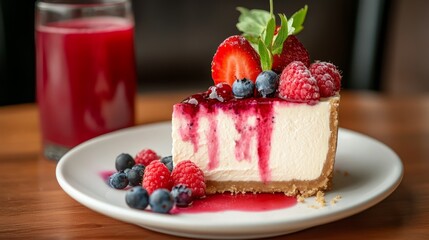 Slice of cheesecake with berries and a glass of juice.