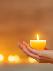 Hand Holding Lit Candle with Warm Background