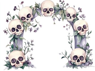 A gothic archway made of human skulls adorned with vine leaves and flowers, creating a dark yet beautiful aesthetic.