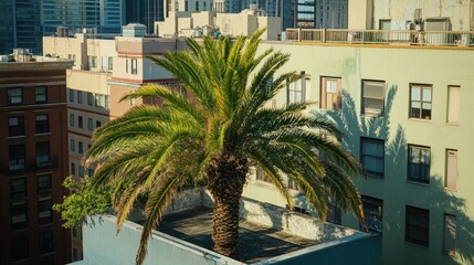 Fototapeta premium A date palm tree growing on a rooftop in a bustling city, providing a connection to nature in an urban environment.