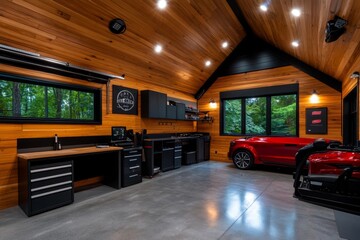 Garage multi-purpose functionality is captured in a realistic photo of a garage that serves as a workspace, storage area, and recreational space all in one