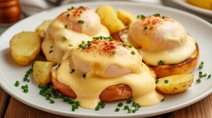 Eggs Benedict served with extra sauce and sliced potatoes on a white plate and garnished with paprika and chives