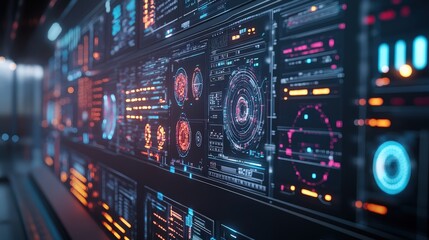 Futuristic control panel with glowing displays and data visualizations, perfect for technology and sci-fi themes.
