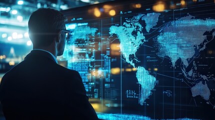 A businessman analyzes global data on a futuristic digital map, representing insights into international trends and technologies.