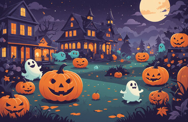 Fototapeta premium cute halloween festival illustration pattern background cartoon with ghost and pumpkin