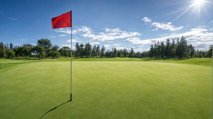 Obraz premium Beautiful golf course bright blue sky sun shining A golf flag fl