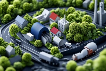 Garbage and urban planning are depicted in a detailed illustration of a city layout that incorporates efficient waste management solutions