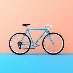 Blue bicycle against a pink and blue background.