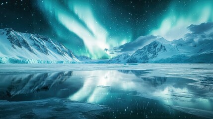 A mystical scene of the aurora australis reflected in the still waters of a frozen lake in Antarctica, creating a mesmerizing mirror-like effect.