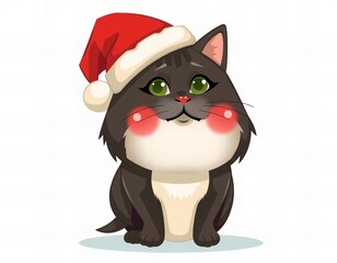 cartoon black cat with santa hat sitting on the floor.