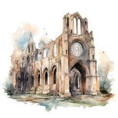 Watercolor Painting of a Ruined Gothic Cathedral
