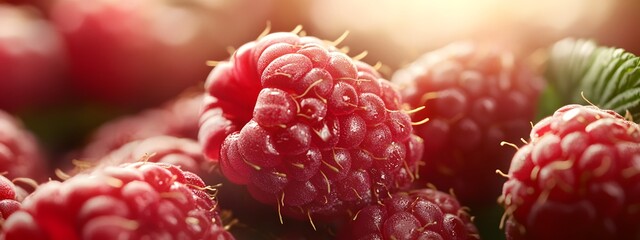 Close-up of fresh raspberries against a blurred background, macro shot, macro photography, cinematic color grading