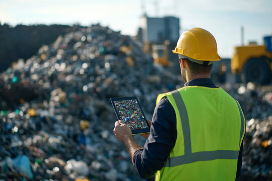 A worker in a yellow safety vest and helmet is using a tablet at a waste management facility. 
