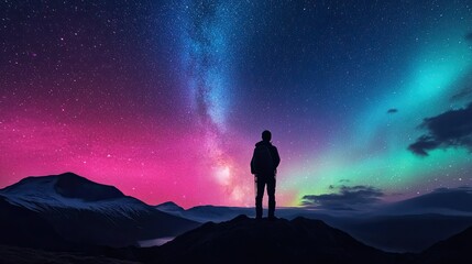 Fototapeta premium A silhouetted hiker stands in awe, gazing at the Milky Way galaxy and the vibrant aurora borealis.