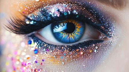 Detailed close-up of an eye with rhinestones and creative makeup, highlighting the fusion of beauty and artistic expression