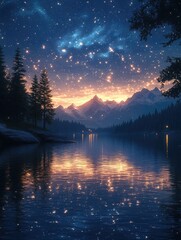 sky, abstract, river, lake, landscape, cloud, water, beautiful, light, mountain, star
