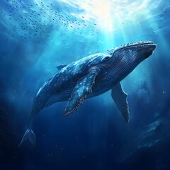 A large whale swimming in deep blue ocean waters, with a school of small fish visible in the distance. The scene should capture the majestic size of the whale and the expansive, vibrant blue of the se