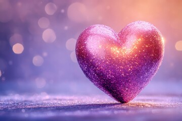 Obraz premium A luminous heart in hues of magenta and lavender, embellished with glimmers, set upon a violet background