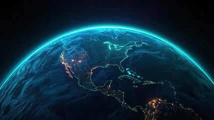 Stunning view of Earth from space, highlighting vibrant continents and glowing city lights against a dark starry backdrop.