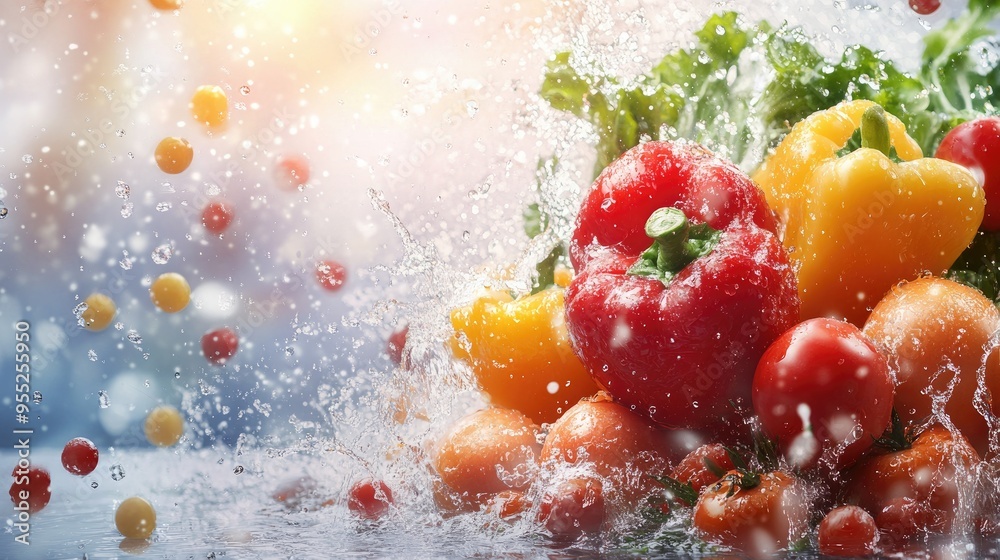 Canvas Prints Fresh vegetables and fruits highlighted by water splashes on a wide background, ideal for promoting healthy eating and freshness