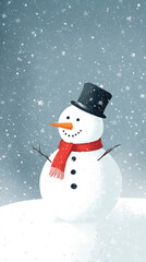 Fototapeta premium A cheerful snowman stands tall in a snowy landscape, his red scarf and black top hat adding pops of color against the serene winter backdrop.