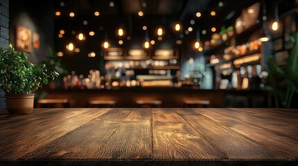 Empty wood table top on blur light gold bokeh of cafe restaurant in dark background