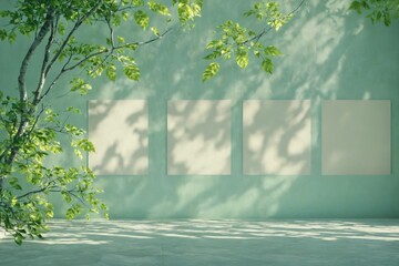 Obraz premium Empty room tree left side has green leaves A green hotel bedroom