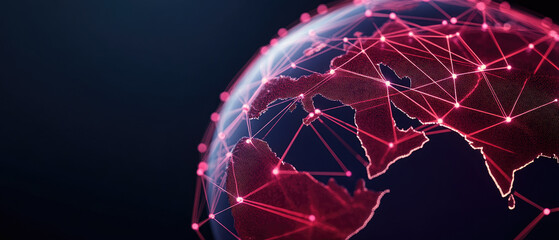 Digital Connectivity of the Middle East, a glowing globe network illustrating a vibrant mesh of connections and data flow across the region, symbolizing technological advancement.