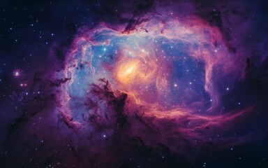 Obraz premium Cosmic nebula. Vibrant hues of purple and pink paint the celestial canvas, as a nebula swirls through the cosmos, surrounded by glittering stars.