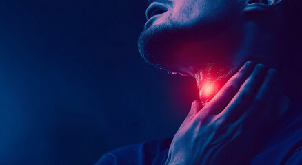A woman suffering from severe throat pain, highlighted by a glowing red area, symbolizing inflammation or illness, against a dark blue background.
