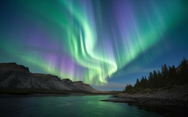 Naklejka premium Northern lights river. Vibrant green and purple aurora borealis display above a calm river and mountain range.