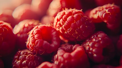 Close-up of fresh raspberries against a blurred background, macro shot, macro photography, cinematic color grading