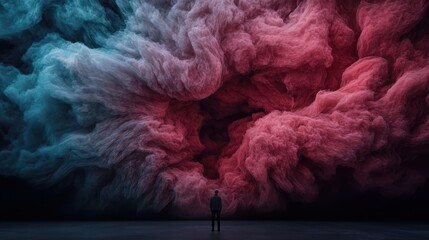 A solitary person stands facing a massive storm cloud, swirling with vibrant colors of red and blue, capturing a powerful and emotive moment within a cosmic landscape.