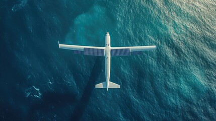 Fototapeta premium Aerial view of a solar-powered airplane flying over a vast ocean, showcasing a commitment to sustainable global transport and reducing carbon footprints