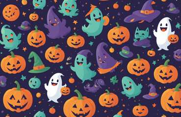 Fototapeta premium cute halloween festival illustration pattern background cartoon with ghost and pumpkin