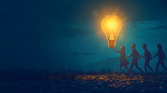 A collaborative team passes the light of an idea in a relay symbolizing innovation and progress through shared effort