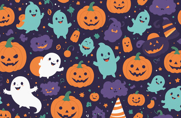 cute halloween festival illustration pattern background cartoon with ghost and pumpkin