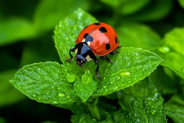 Fototapeta premium Ladybugs, among the herbs, aromatic surroundings enjoy the fresh scent of nature as they go about their day