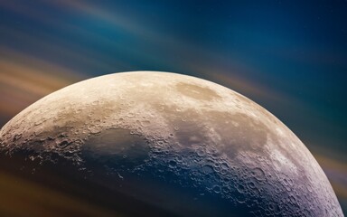 Naklejka premium Moon in space. Close-up of the moon with craters and a starry background. The image symbolizes the vastness of space and the beauty of our celestial neighbor.