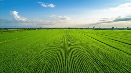 An aerial view of a well-maintained rice paddy field, with rows of vibrant green rice plants neatly aligned, under a clear blue sky with a few fluffy clouds