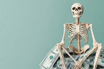 Bone collector counting cash, a playful juxtaposition of a skeleton and bundles of money against a serene mint-green backdrop, highlighting lifes ironic pursuits.